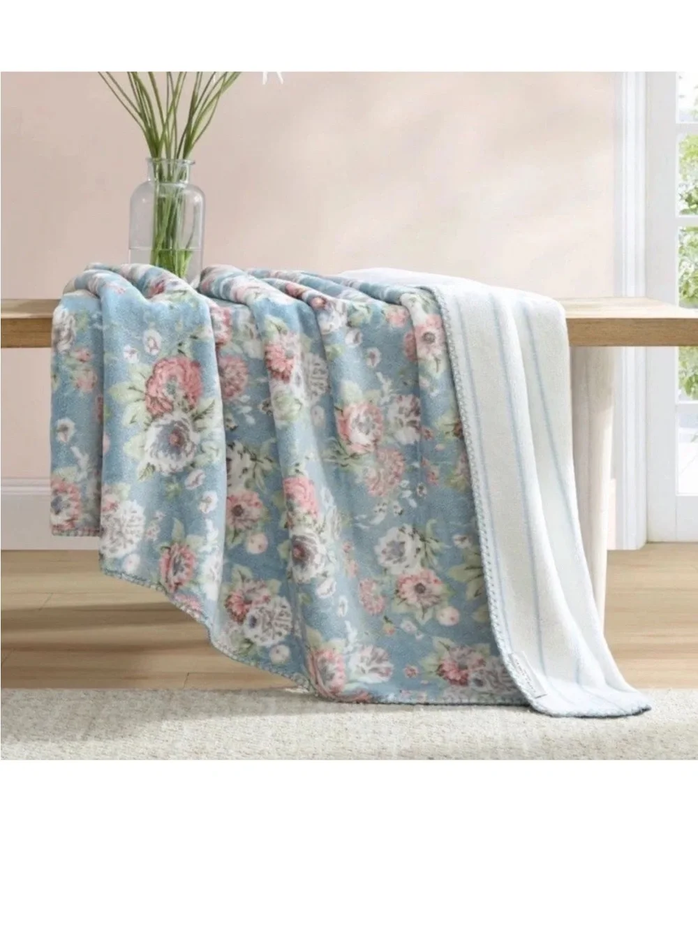 Laura Ashley Camilla ~ Coco Flannel Throw Reversible Super Soft Throw ~ 50 X 70